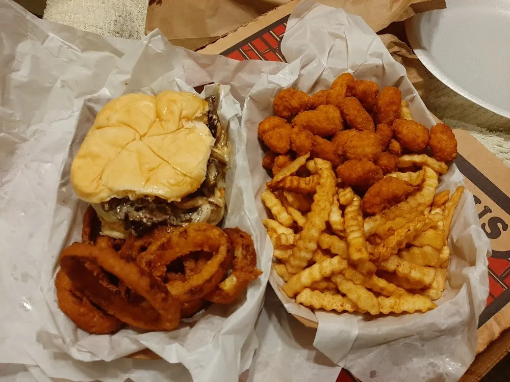 Burger Onion Rings and Shrimp Basket